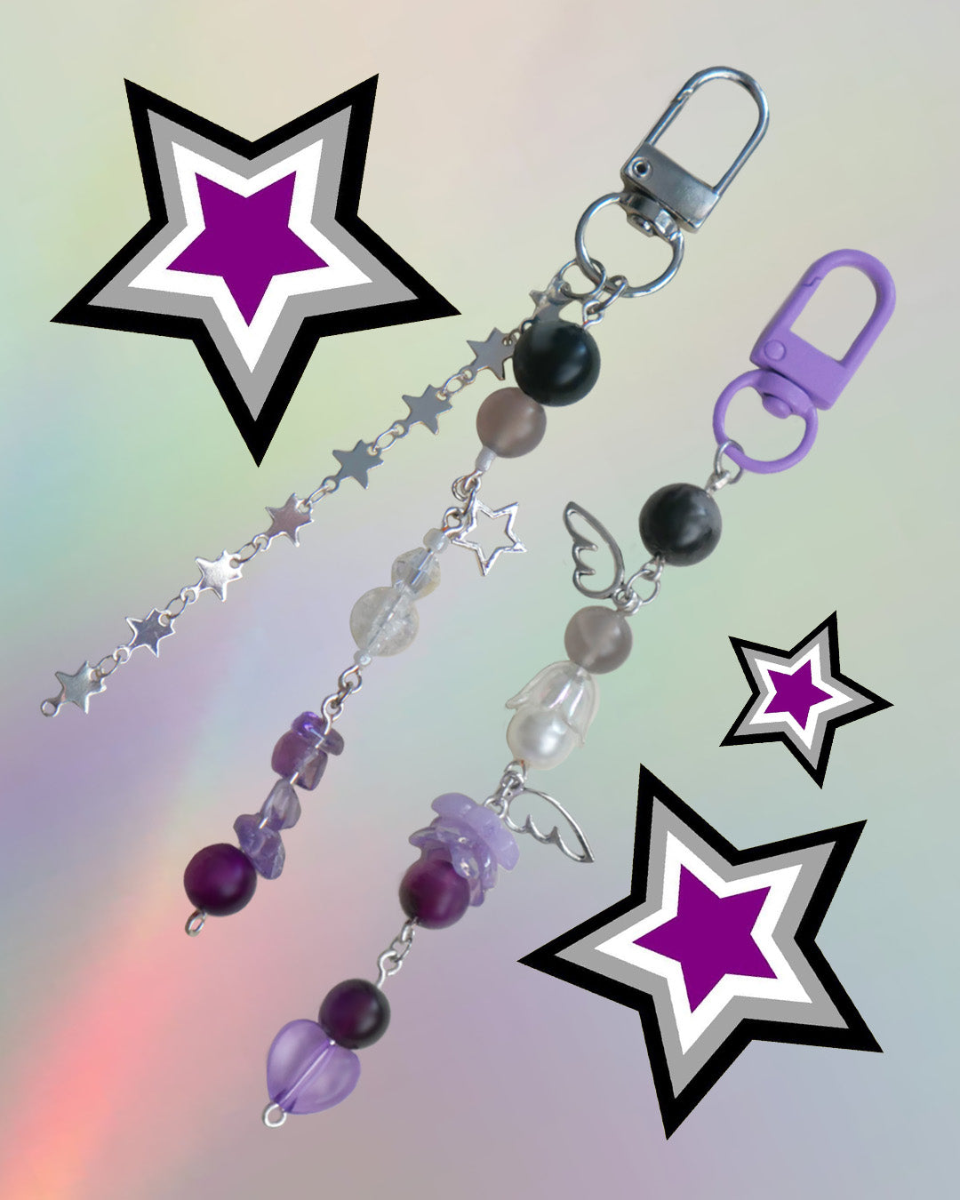 Ace flag themed keychain with purple, black, grey, and clear beads 