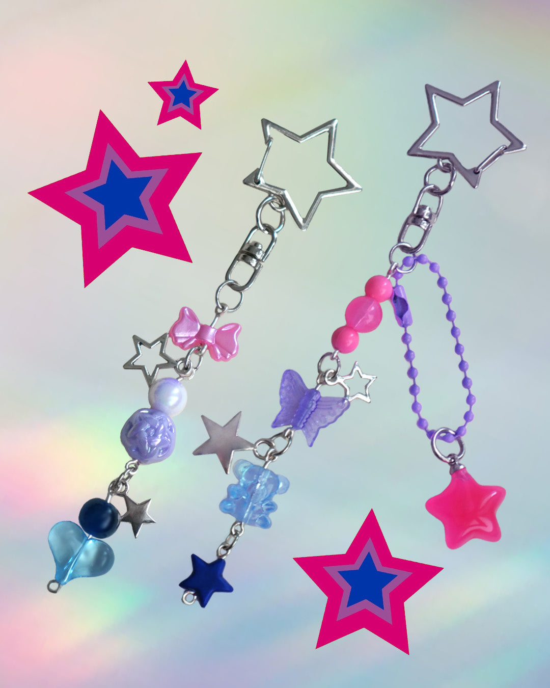 Bi flag themed keychains with purple, blue, and pink beads and a silver clasp