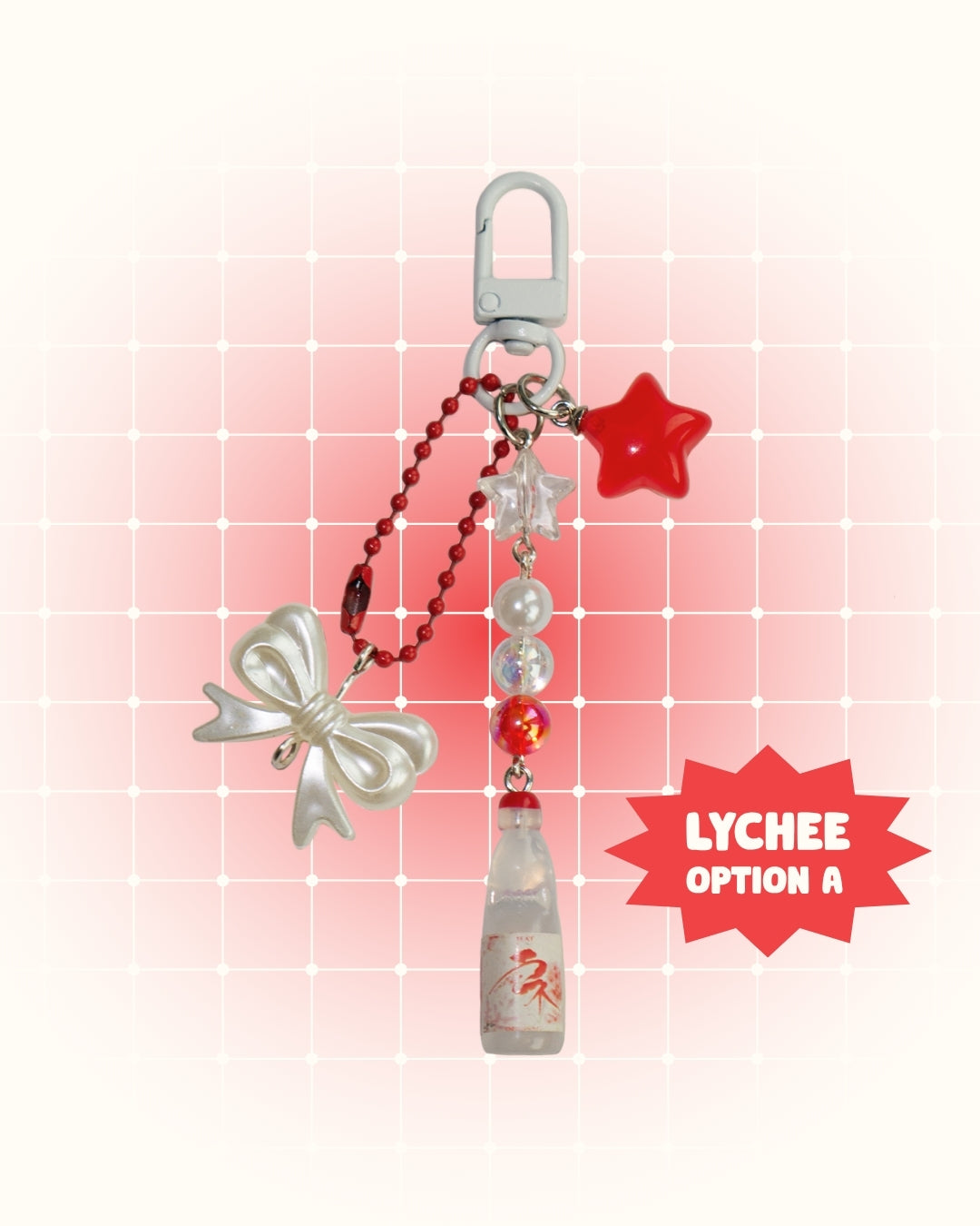 Keychain with bow charm and Lychee flavored soda on a red grid background