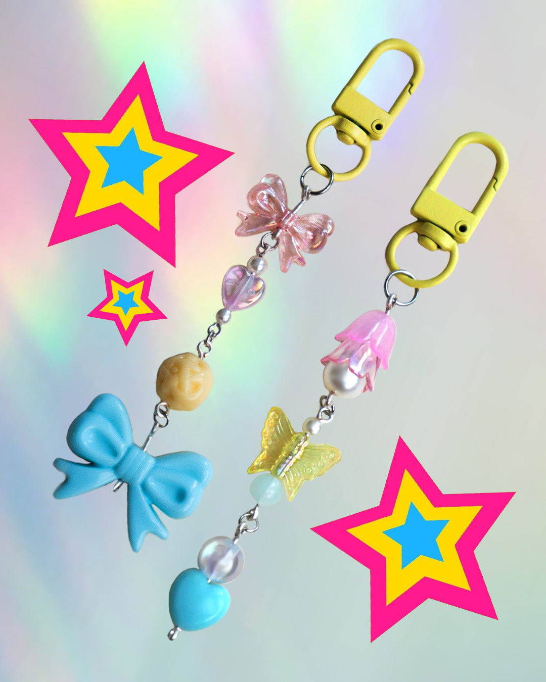 Pan flag themed keychain with pink, blue, and yellow beads and a yellow clasp