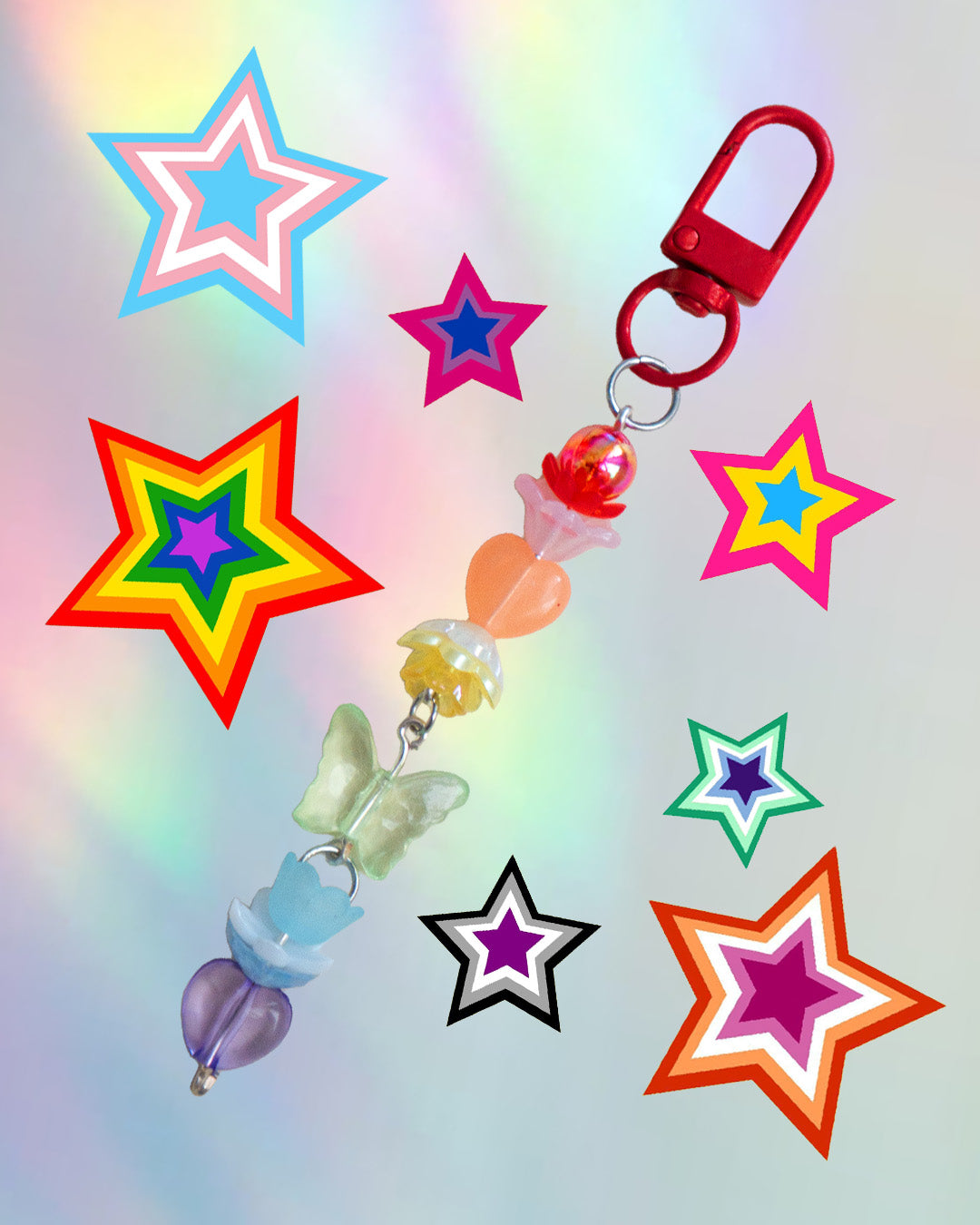Colorful keychain with rainbow colored beads on an iridescent gradient background