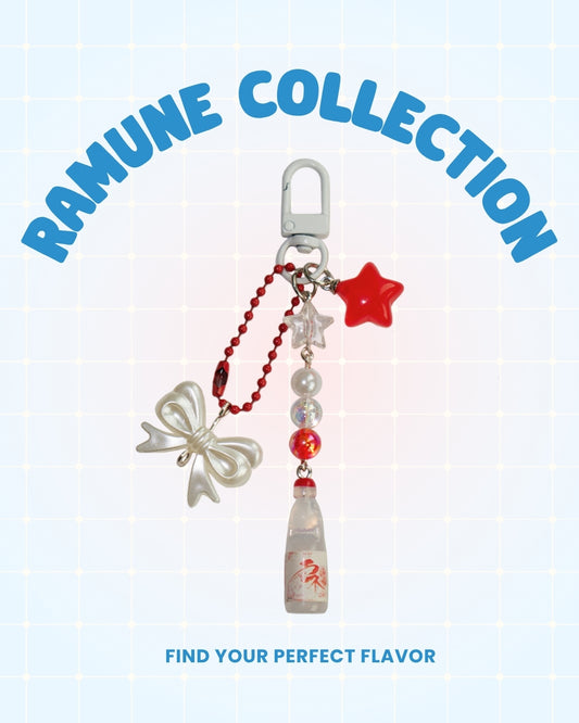 Keychain with bottle and bow charm on a light blue background with 'Ramune Collection' text.