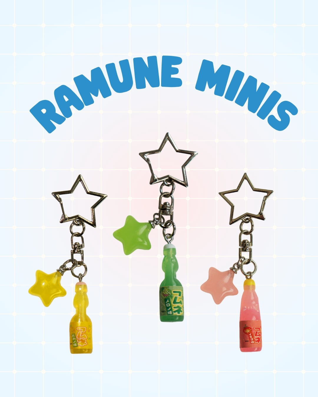 Colorful keychain with star and soda charms on a gradient background