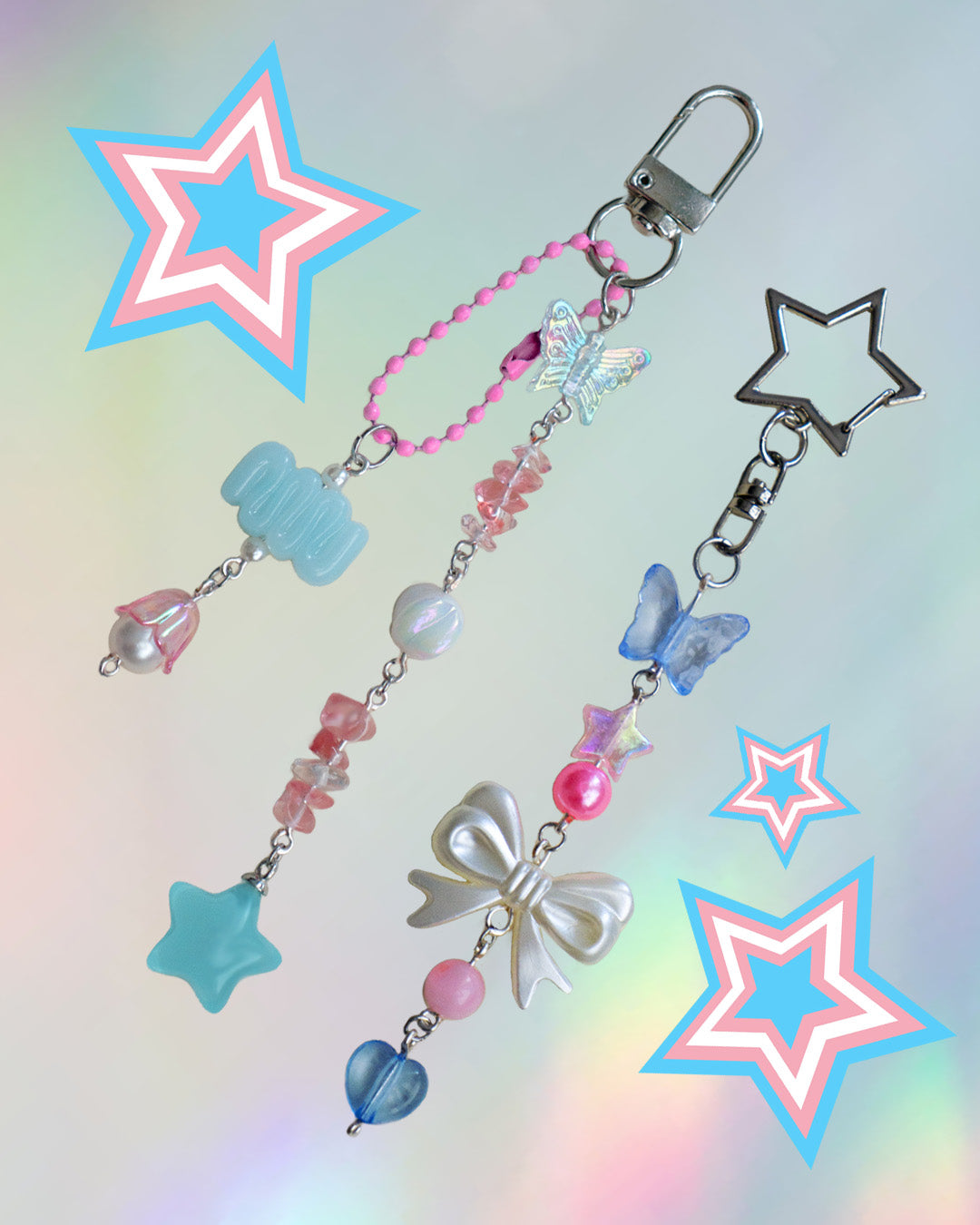 Trans flag themed keychain with blue, pink, and white beads and silver clasp